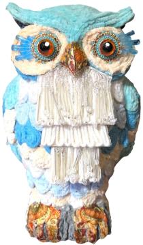 Athena: an owl in turquoise chenille with amber glass eyes and a cascading white beaded fringe