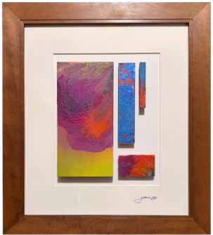 Color Study: a framed quartet of spray-painted panels, one mounted on the outside of the glass