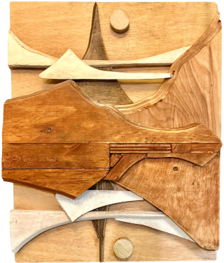 Landscape on a Lake: an abstract wood relief of layered forms suggesting mountains mirrored in still water