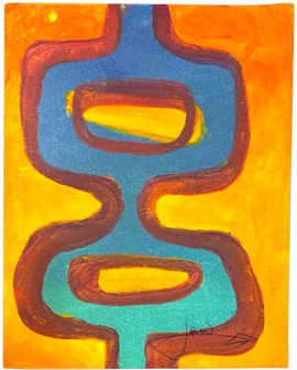 Totem: a vertically stacked abstract in warm orange and blue-teal with forms outlined in burgundy